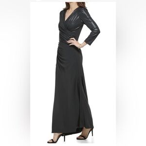 DKNY Women's Black Side Ruched Glazed V-Neck Maxi Dress